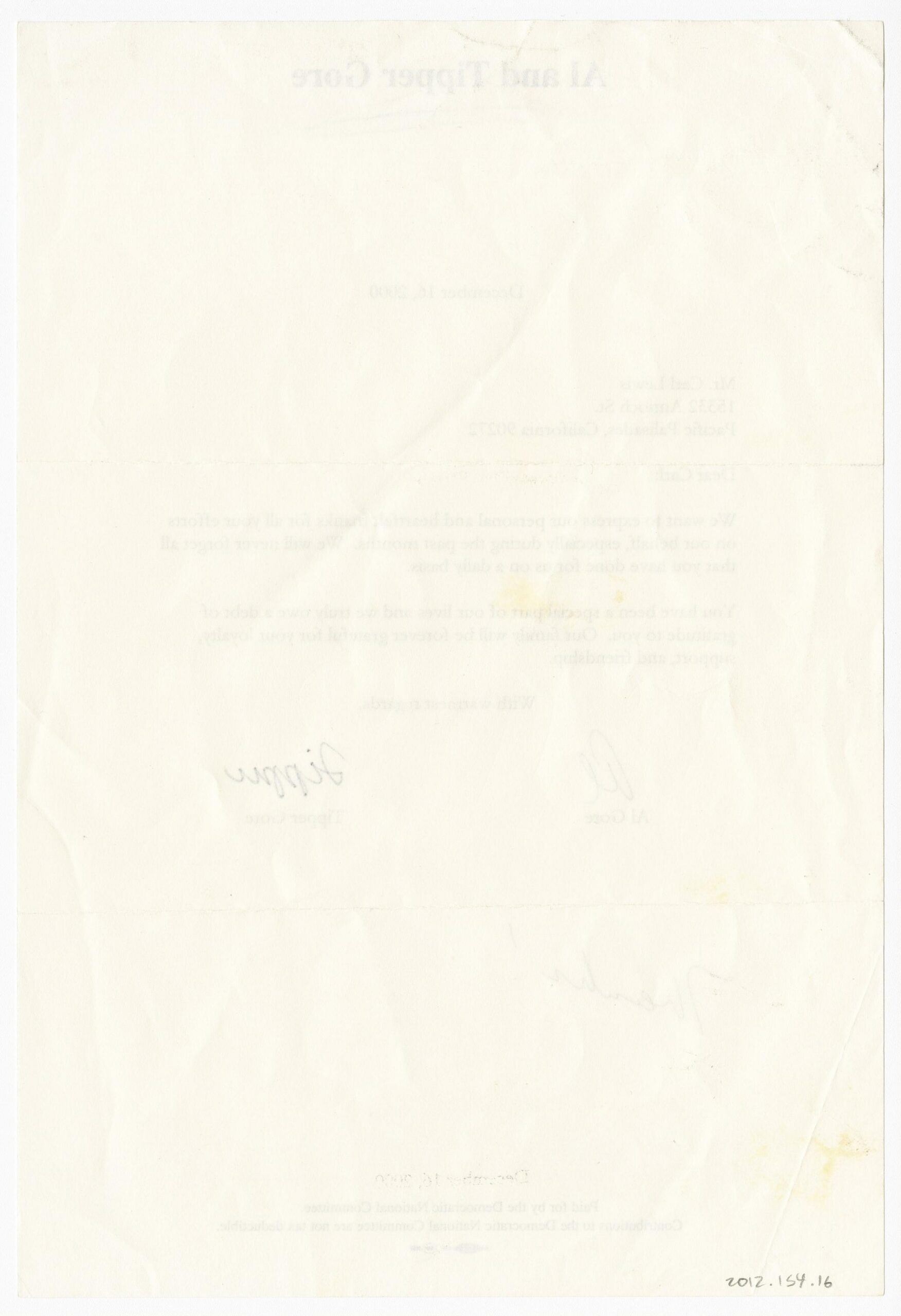 Letter from Vice President Al Gore and his wife Tipper Gore to Carl Lewis